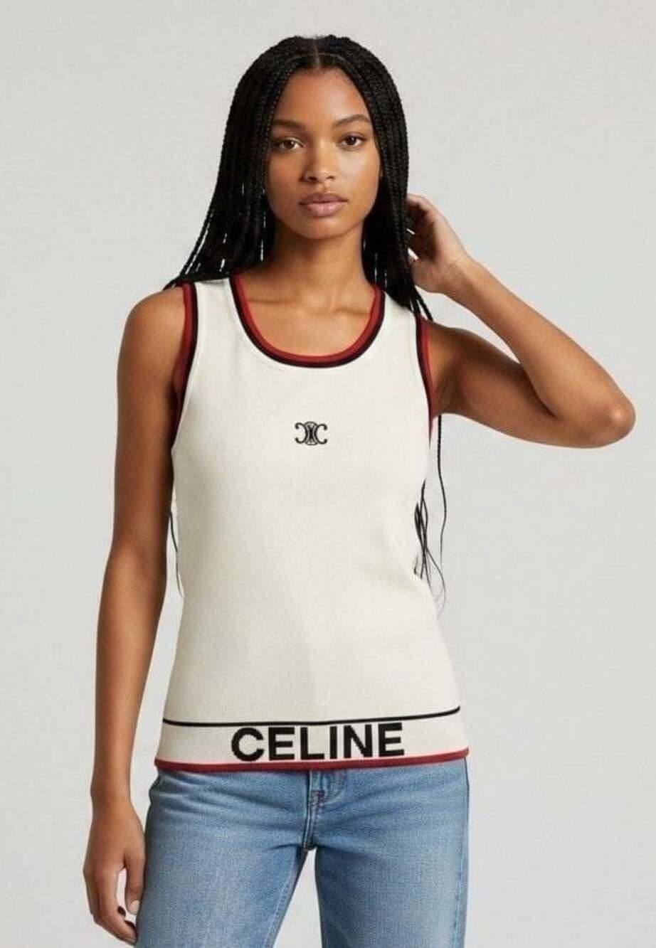 Celine Cream Knit Tank Top with Contrast Trim and Logo